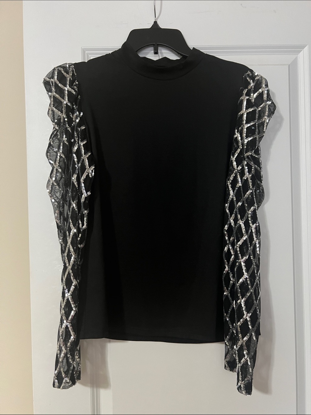 Black Mock Neck Top with Metallic Lattice Sleeves